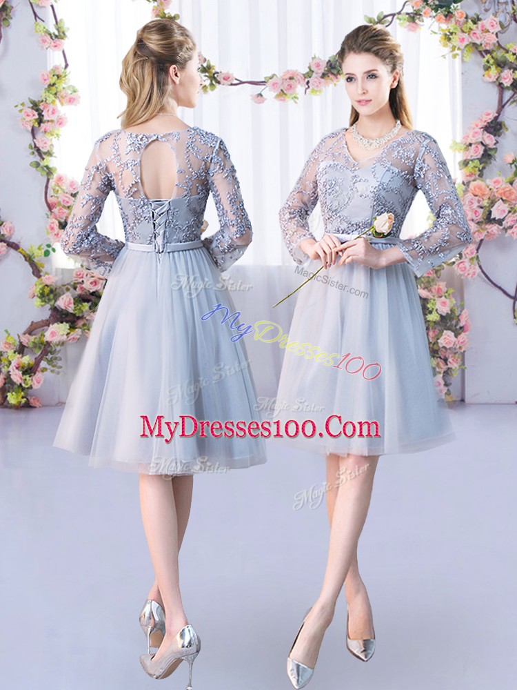 Grey Lace Up Vestidos de Damas Lace and Belt Long Sleeves Knee Length
