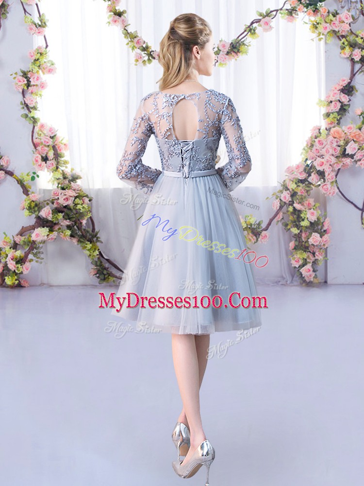 Grey Lace Up Vestidos de Damas Lace and Belt Long Sleeves Knee Length