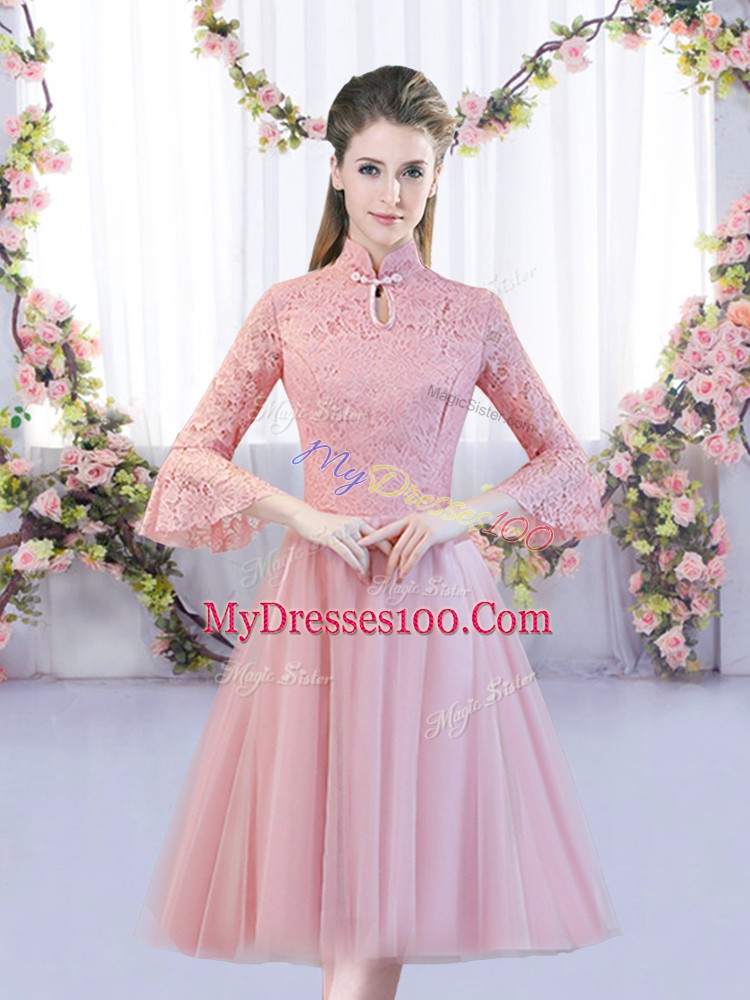 Pink Tulle Zipper High-neck 3 4 Length Sleeve Tea Length Damas Dress Lace