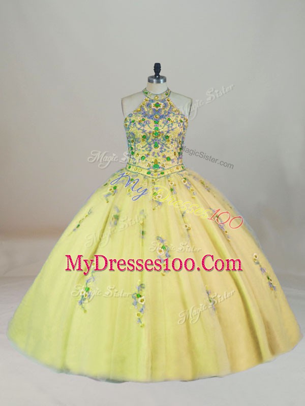 Elegant Sleeveless Tulle Brush Train Lace Up Sweet 16 Quinceanera Dress in Yellow with Appliques and Embroidery