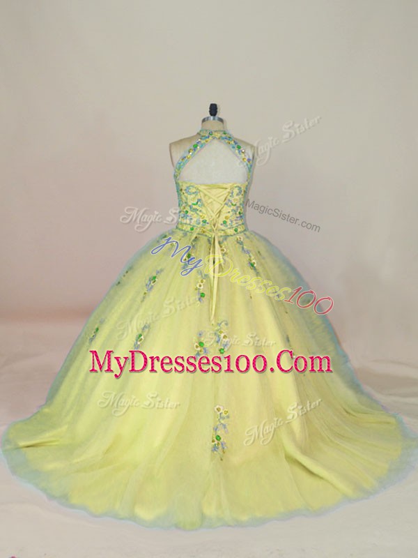 Elegant Sleeveless Tulle Brush Train Lace Up Sweet 16 Quinceanera Dress in Yellow with Appliques and Embroidery