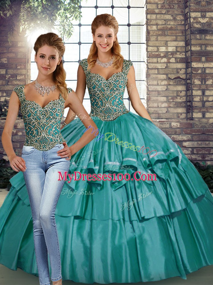Low Price Floor Length Lace Up Sweet 16 Dresses Teal for Military Ball and Sweet 16 and Quinceanera with Beading and Ruffled Layers