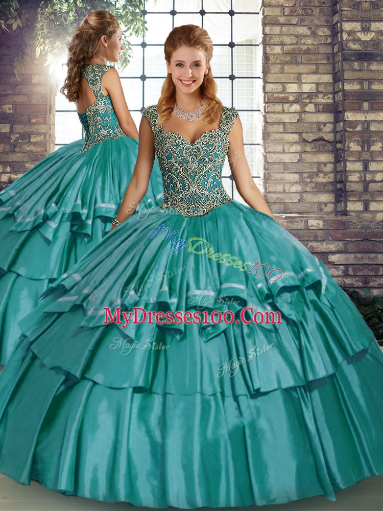 Low Price Floor Length Lace Up Sweet 16 Dresses Teal for Military Ball and Sweet 16 and Quinceanera with Beading and Ruffled Layers