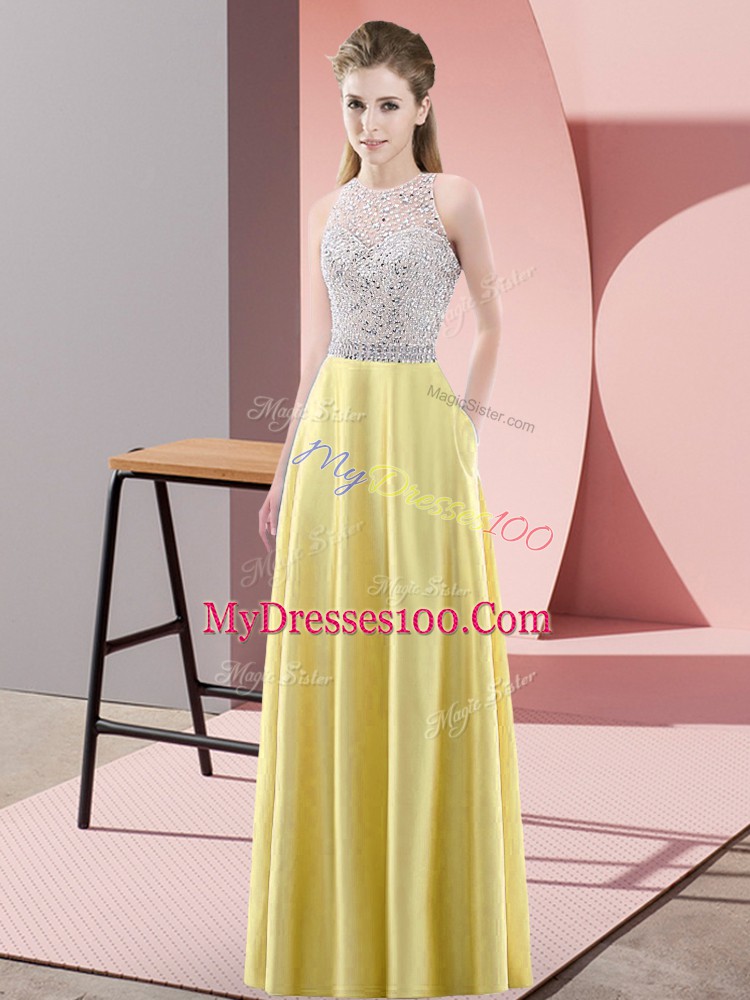 Yellow Sleeveless Beading Floor Length