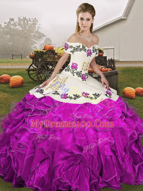 Graceful White And Purple Lace Up Vestidos de Quinceanera Embroidery and Ruffles Sleeveless Floor Length