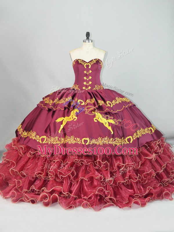 Sweetheart Sleeveless Brush Train Lace Up Quinceanera Dresses Burgundy Satin and Organza