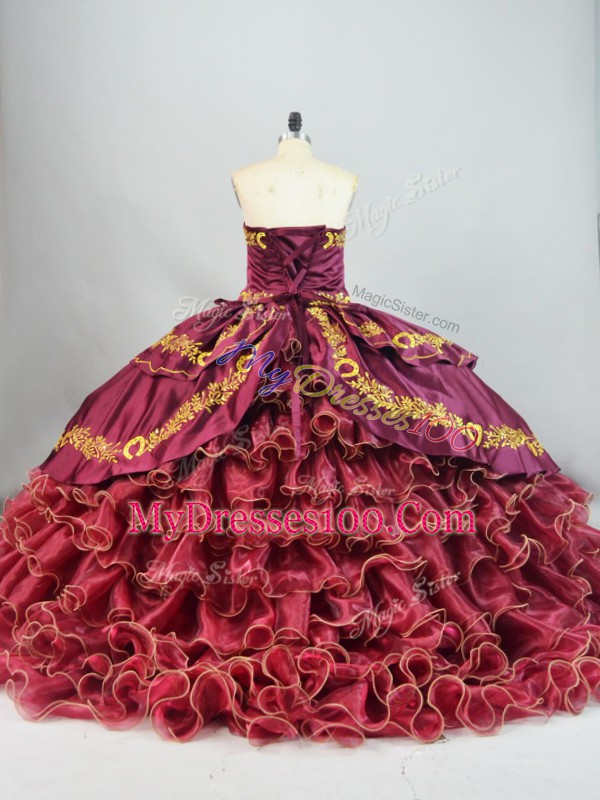 Sweetheart Sleeveless Brush Train Lace Up Quinceanera Dresses Burgundy Satin and Organza