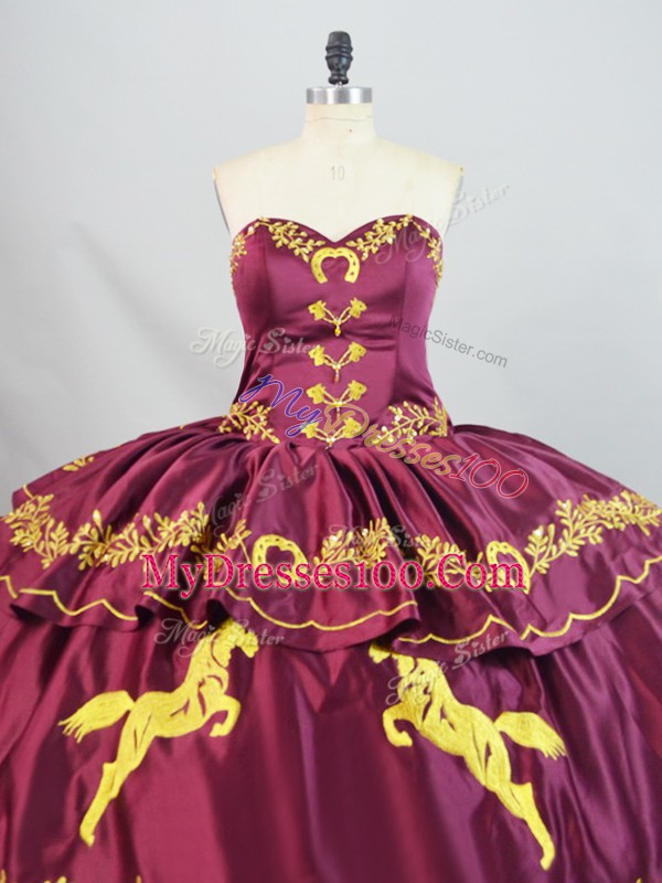 Sweetheart Sleeveless Brush Train Lace Up Quinceanera Dresses Burgundy Satin and Organza