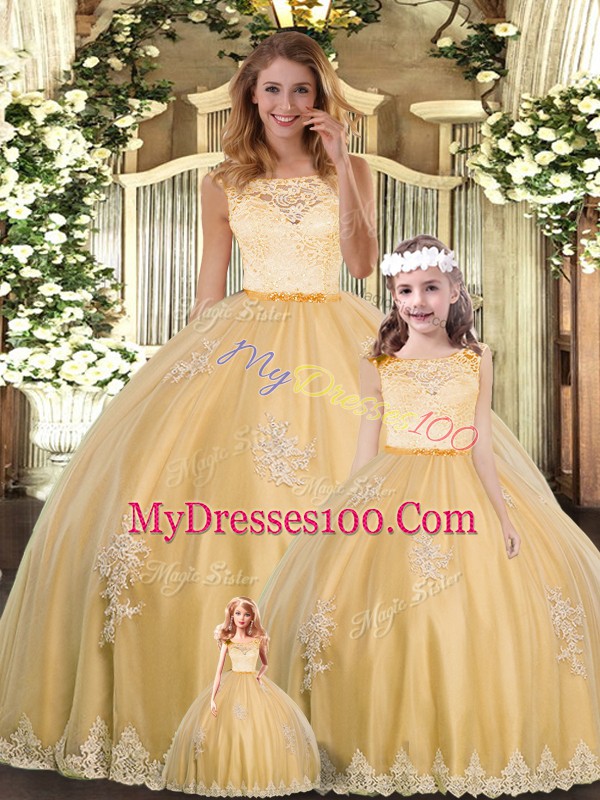 Glorious Sleeveless Tulle Floor Length Clasp Handle Sweet 16 Dresses in Gold with Lace and Appliques