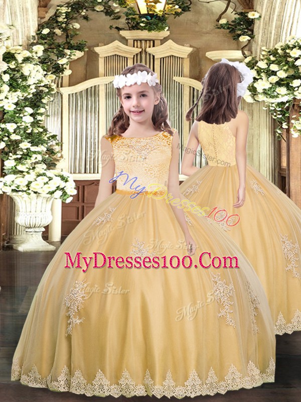 Glorious Sleeveless Tulle Floor Length Clasp Handle Sweet 16 Dresses in Gold with Lace and Appliques