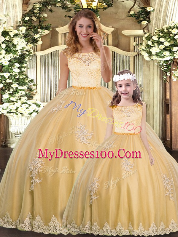 Glorious Sleeveless Tulle Floor Length Clasp Handle Sweet 16 Dresses in Gold with Lace and Appliques