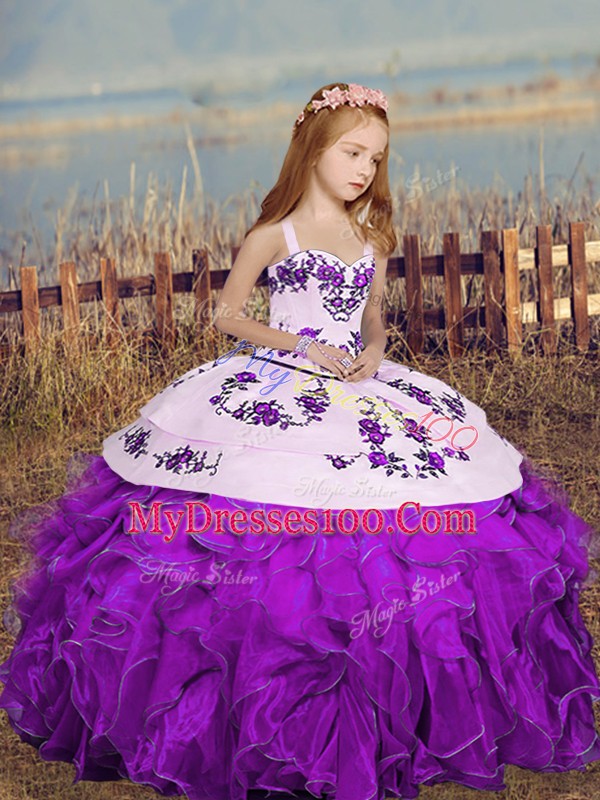 Straps Sleeveless Winning Pageant Gowns Floor Length Embroidery Purple Organza