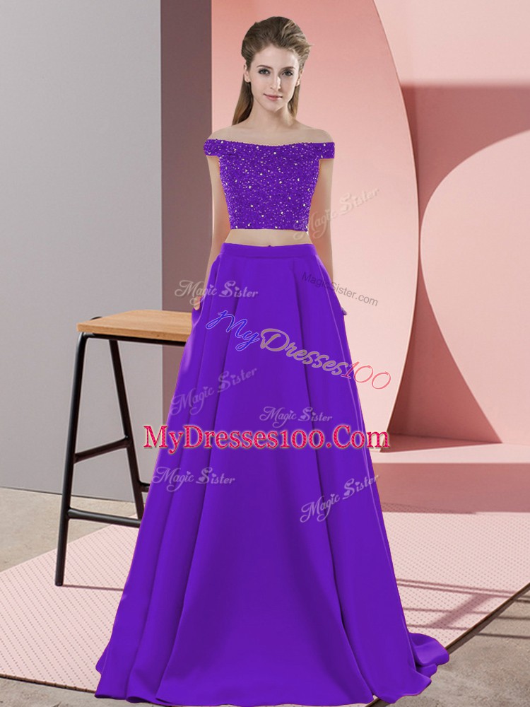 Purple Custom Made Elastic Woven Satin Sweep Train Sleeveless Beading