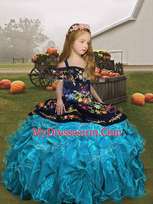 Aqua Blue Straps Lace Up Embroidery and Ruffles Girls Pageant Dresses Sleeveless