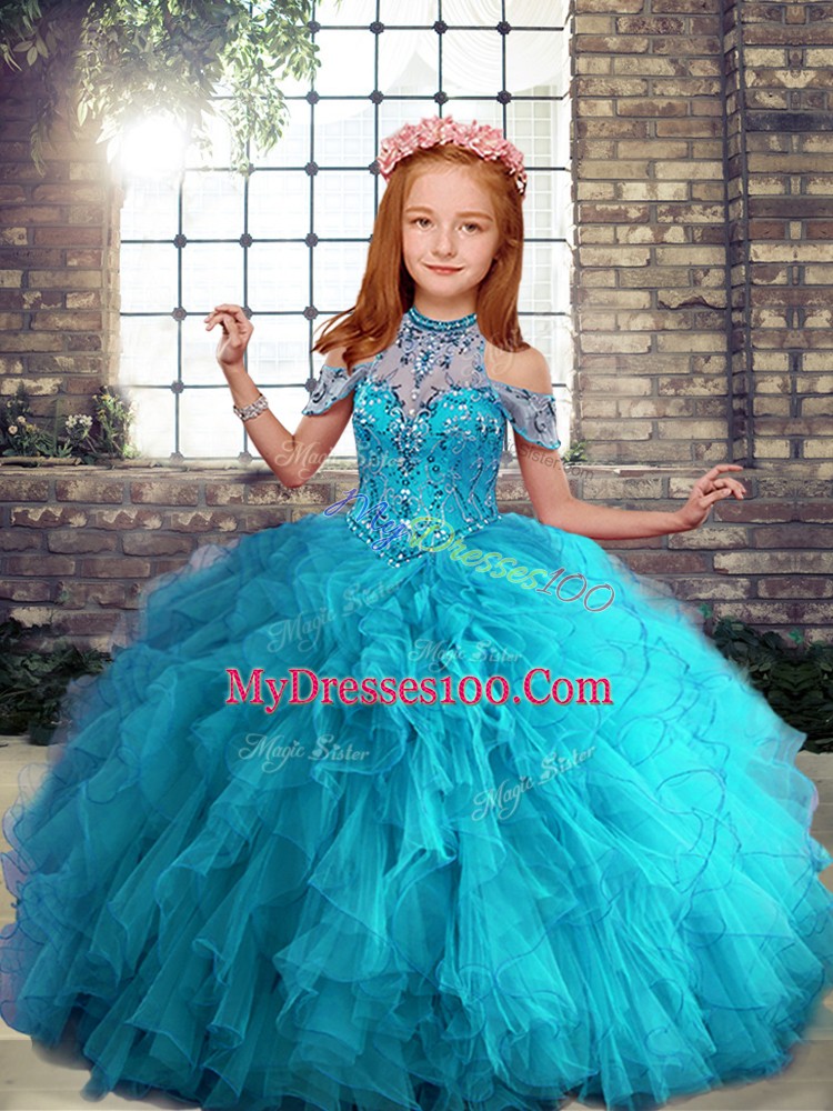 Aqua Blue Ball Gowns Halter Top Sleeveless Tulle Floor Length Lace Up Beading and Ruffles Little Girls Pageant Gowns