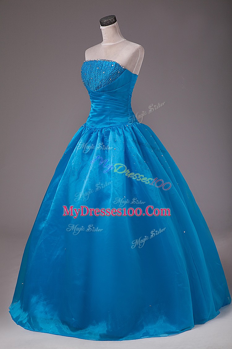 Blue Organza Lace Up Sweet 16 Dresses Sleeveless Floor Length Beading