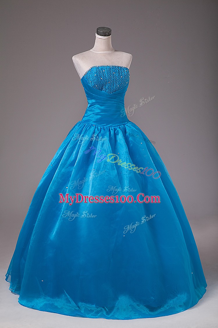 Blue Organza Lace Up Sweet 16 Dresses Sleeveless Floor Length Beading