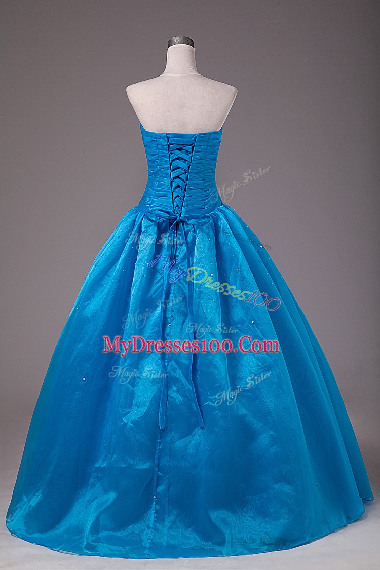 Blue Organza Lace Up Sweet 16 Dresses Sleeveless Floor Length Beading