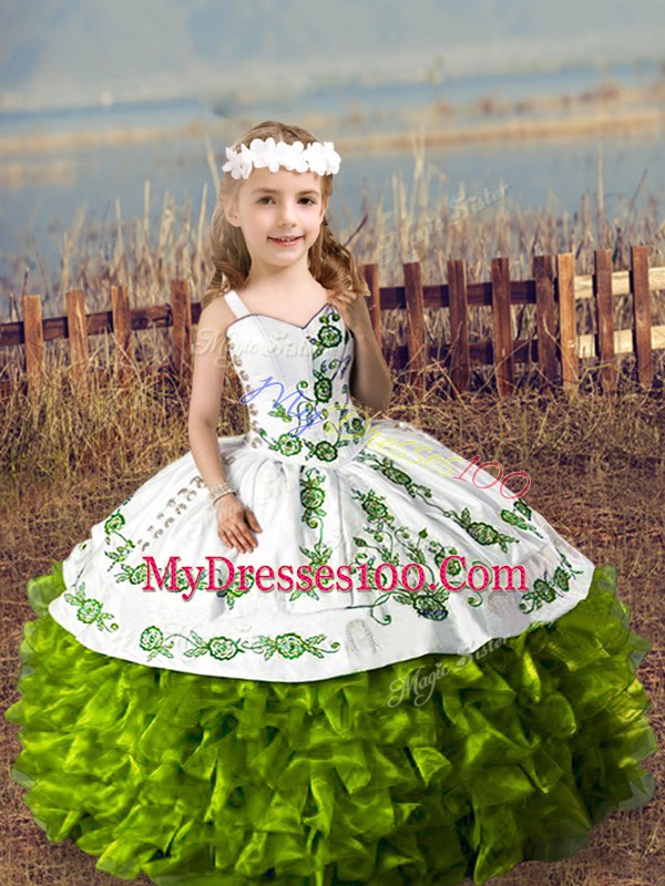 Best Olive Green Straps Neckline Embroidery and Ruffles Little Girl Pageant Dress Sleeveless Lace Up