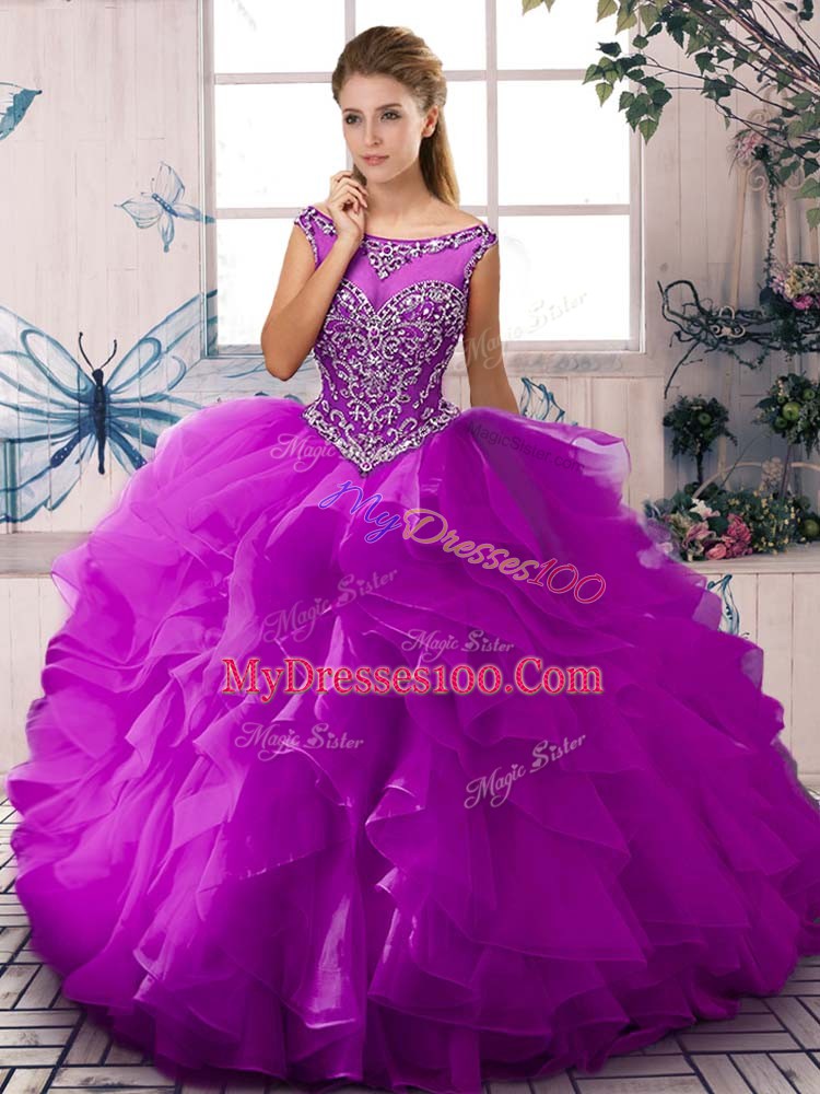 Fine Purple Organza Zipper 15th Birthday Dress Sleeveless Floor Length Beading and Ruffles
