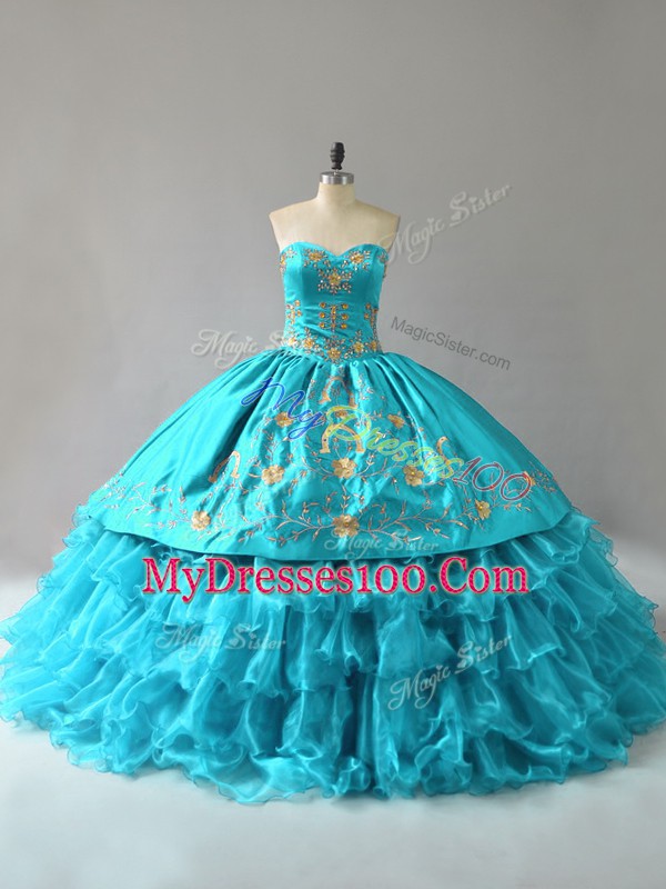 New Style Sleeveless Floor Length Embroidery and Ruffles Lace Up Vestidos de Quinceanera with Aqua Blue