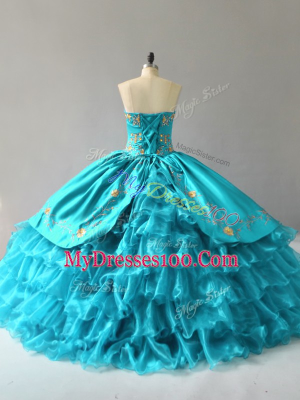 New Style Sleeveless Floor Length Embroidery and Ruffles Lace Up Vestidos de Quinceanera with Aqua Blue