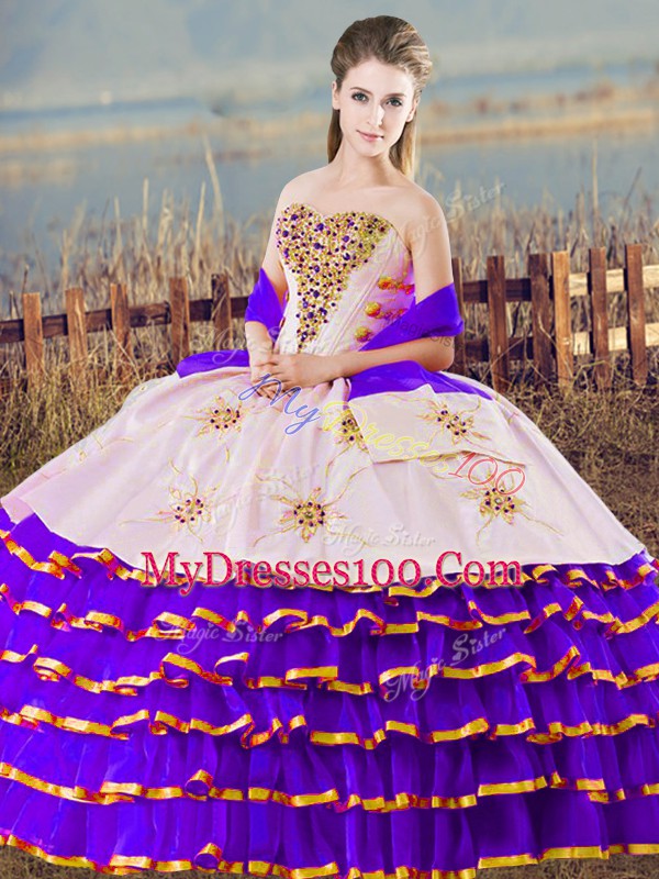 Sleeveless Floor Length Beading and Ruffled Layers Lace Up Quinceanera Dress with White And Purple