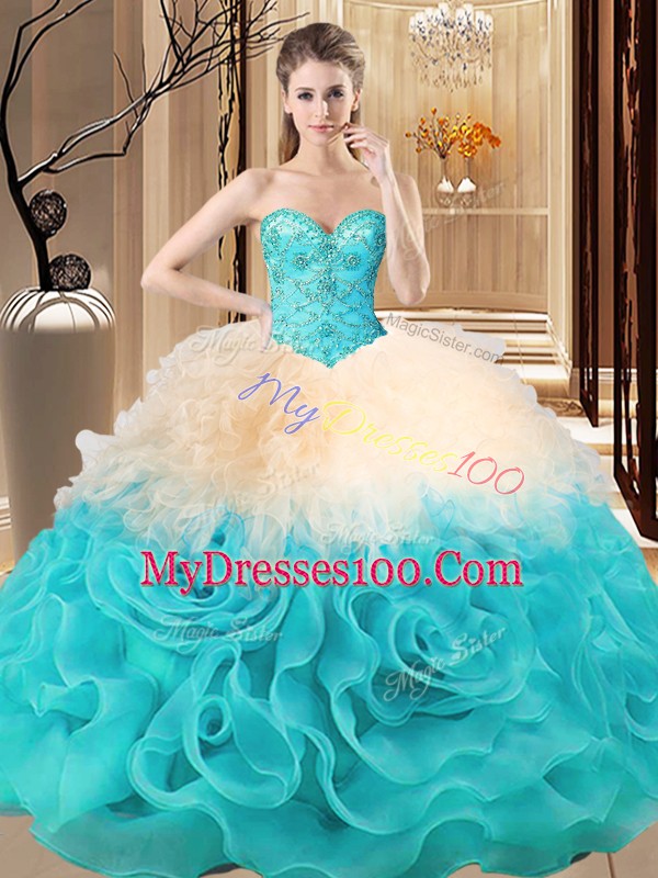 Fabric With Rolling Flowers Sleeveless Floor Length 15 Quinceanera Dress and Beading and Ruffles