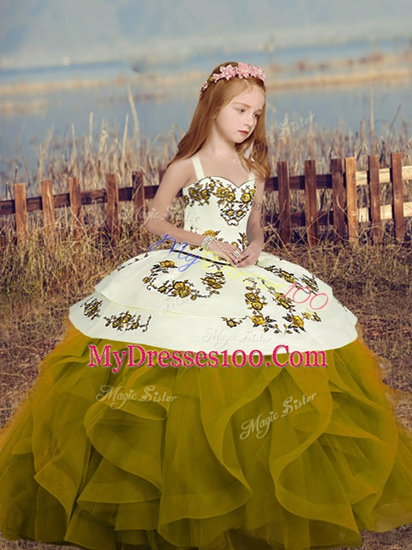 Enchanting Embroidery and Ruffles Pageant Dress Toddler Olive Green Lace Up Sleeveless Floor Length