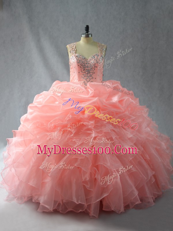 Suitable Peach Ball Gowns Beading and Ruffles and Pick Ups Sweet 16 Quinceanera Dress Zipper Organza Sleeveless Floor Length