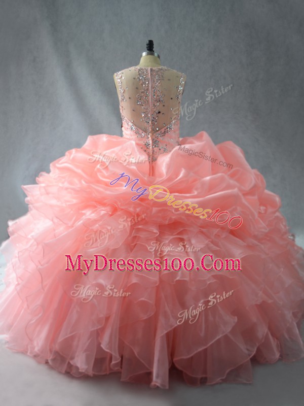 Suitable Peach Ball Gowns Beading and Ruffles and Pick Ups Sweet 16 Quinceanera Dress Zipper Organza Sleeveless Floor Length