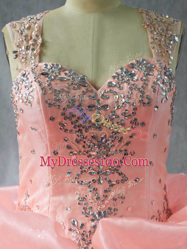 Suitable Peach Ball Gowns Beading and Ruffles and Pick Ups Sweet 16 Quinceanera Dress Zipper Organza Sleeveless Floor Length