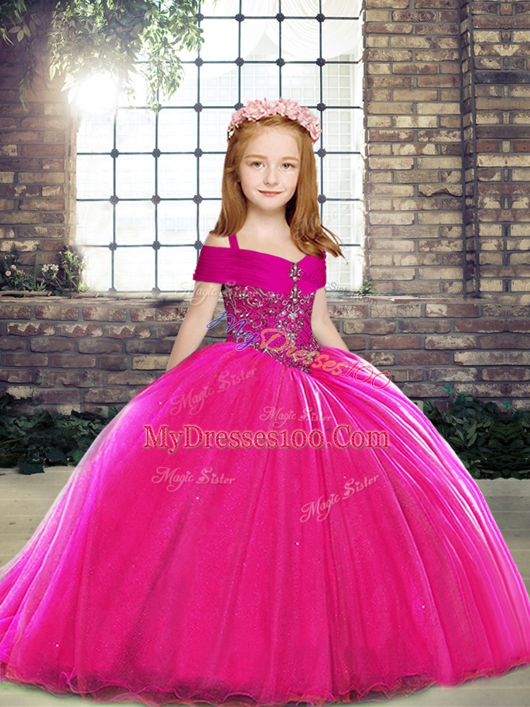 Fuchsia Pageant Dress Straps Sleeveless Brush Train Lace Up