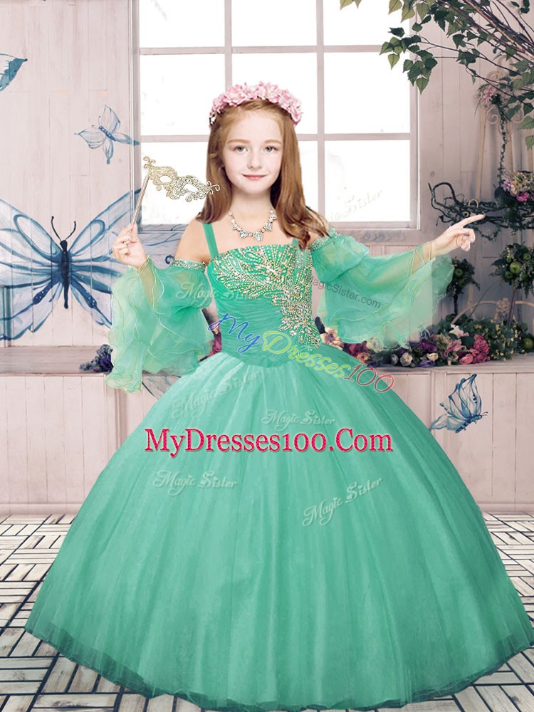 Attractive Straps Sleeveless Tulle Little Girl Pageant Dress Beading and Appliques Lace Up