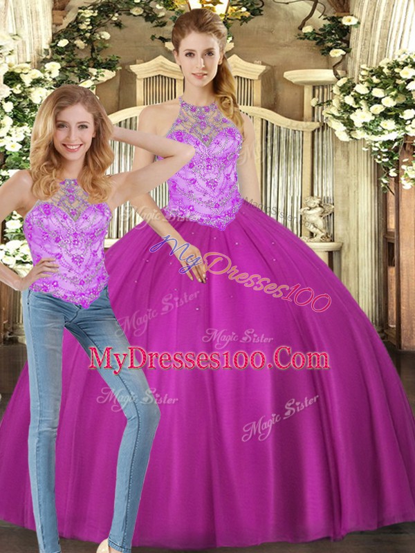 Floor Length Fuchsia 15th Birthday Dress Halter Top Sleeveless Lace Up