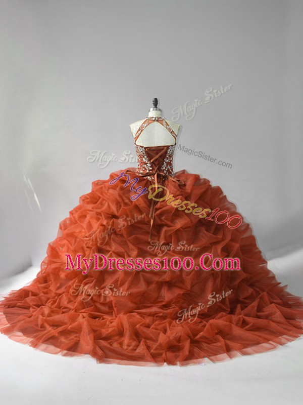 Halter Top Sleeveless Court Train Lace Up Ball Gown Prom Dress Brown Organza