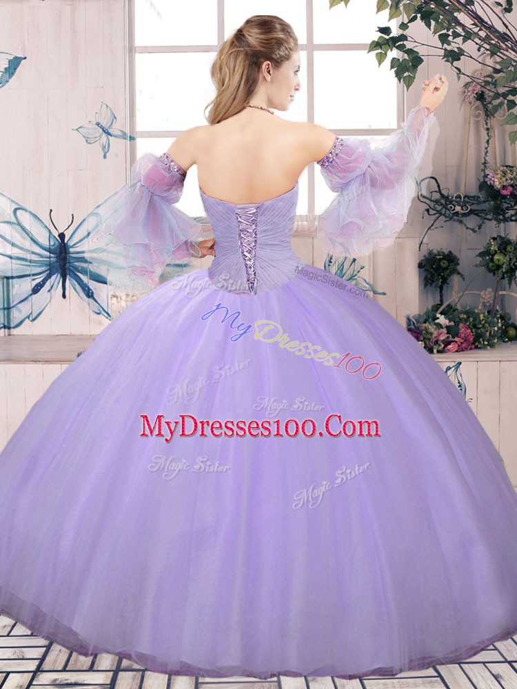 Designer Lavender Long Sleeves Floor Length Beading Lace Up Quinceanera Dress