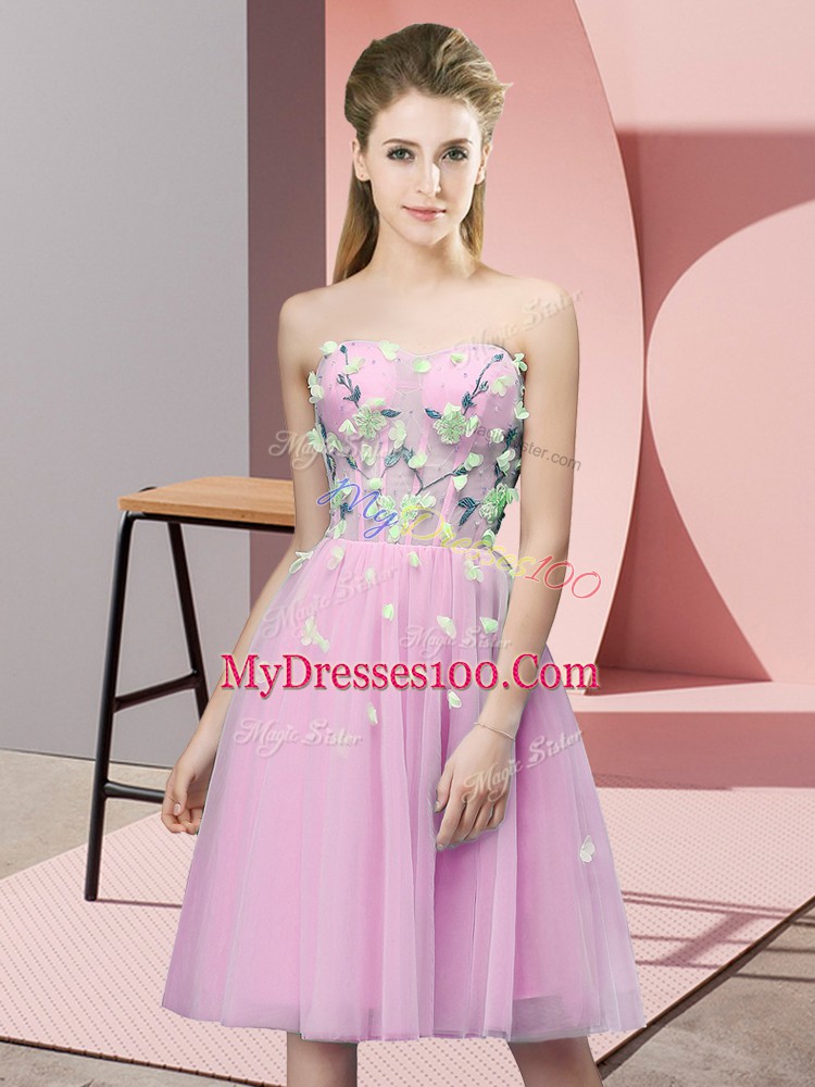Delicate Tulle Sweetheart Sleeveless Lace Up Appliques Court Dresses for Sweet 16 in Rose Pink
