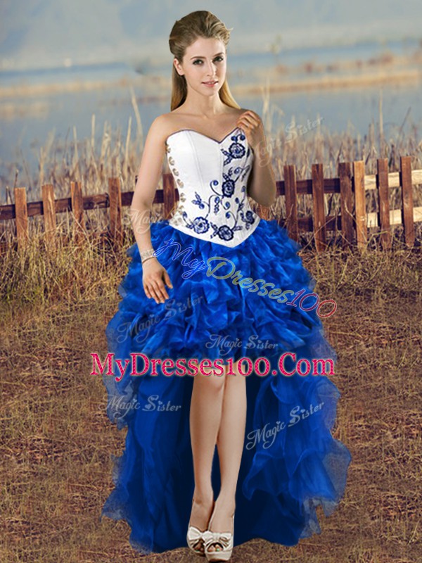 Beautiful Sleeveless High Low Embroidery Lace Up Evening Dress with Blue And White