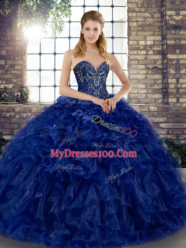 Glamorous Organza Sweetheart Sleeveless Lace Up Beading and Ruffles 15 Quinceanera Dress in Royal Blue