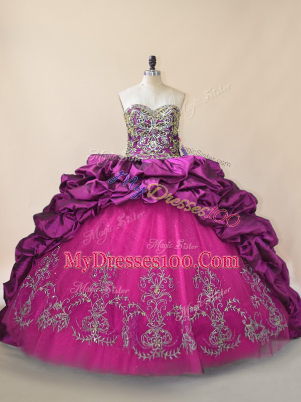 Purple 15 Quinceanera Dress Sweet 16 and Quinceanera with Beading and Pick Ups Sweetheart Sleeveless Brush Train Lace Up