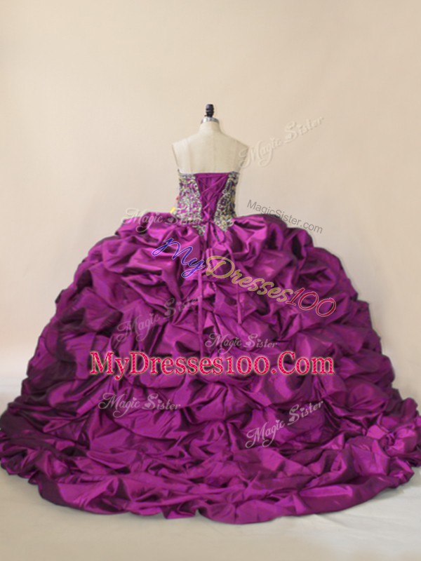 Purple 15 Quinceanera Dress Sweet 16 and Quinceanera with Beading and Pick Ups Sweetheart Sleeveless Brush Train Lace Up