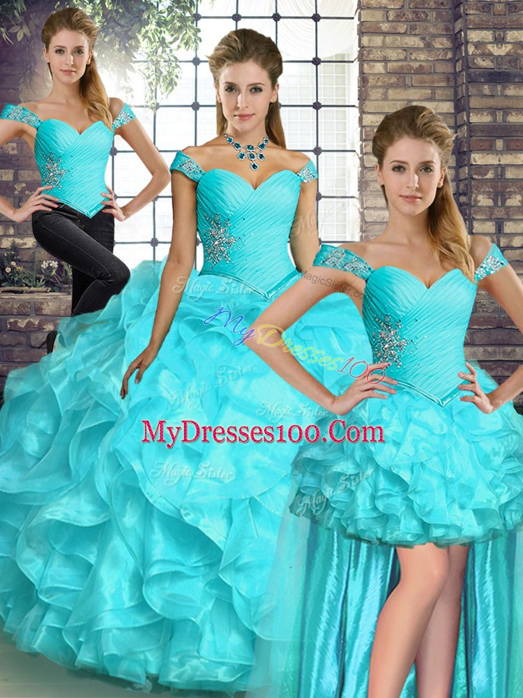 Cute Floor Length Lace Up Quince Ball Gowns Aqua Blue for Military Ball and Sweet 16 and Quinceanera with Beading and Ruffles