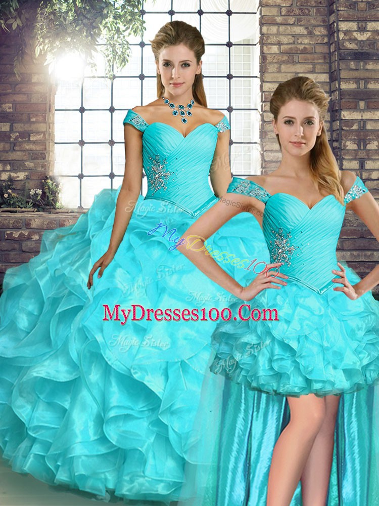 Cute Floor Length Lace Up Quince Ball Gowns Aqua Blue for Military Ball and Sweet 16 and Quinceanera with Beading and Ruffles