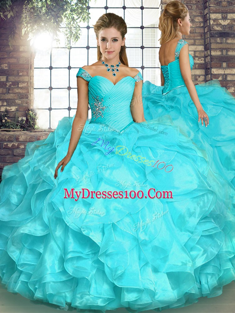 Cute Floor Length Lace Up Quince Ball Gowns Aqua Blue for Military Ball and Sweet 16 and Quinceanera with Beading and Ruffles