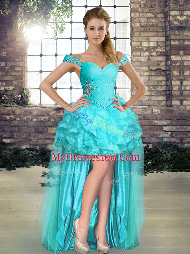 Cute Floor Length Lace Up Quince Ball Gowns Aqua Blue for Military Ball and Sweet 16 and Quinceanera with Beading and Ruffles