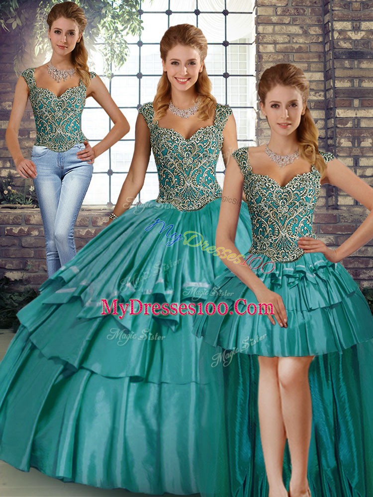 Floor Length Teal 15th Birthday Dress Straps Sleeveless Lace Up