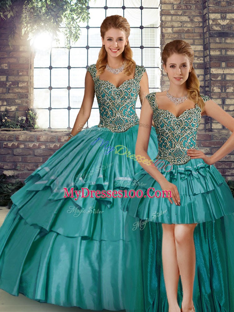 Floor Length Teal 15th Birthday Dress Straps Sleeveless Lace Up