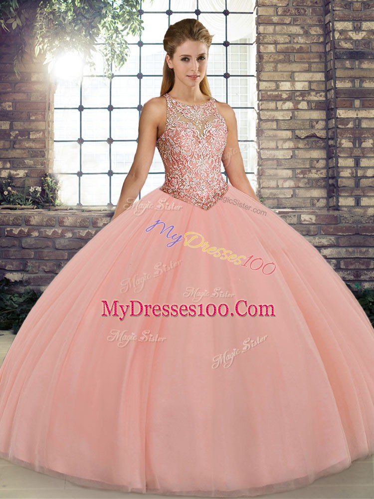 Peach Ball Gowns Tulle Scoop Sleeveless Embroidery Floor Length Lace Up Quinceanera Dresses