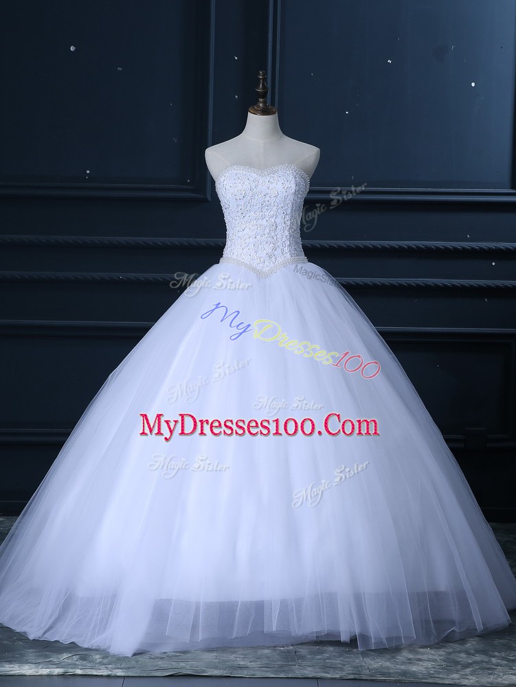 Sleeveless Lace Up Floor Length Beading and Lace Wedding Dress